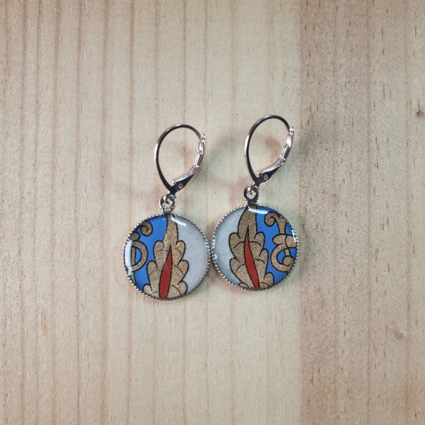 Boucles d'oreille pendantes enluminées bleu/doré/rouge