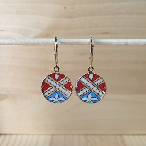 Boucles d'oreille pendantes enluminées doré/rouge/bleu/vert
