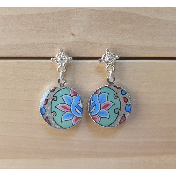 Boucles d'oreille enluminées fleur et arabesque vert/argenté/bleu/rosé