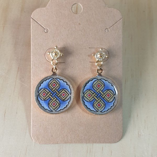 Boucles d'oreille enluminées Palmettes rouges ou bleues et Entrelacs or