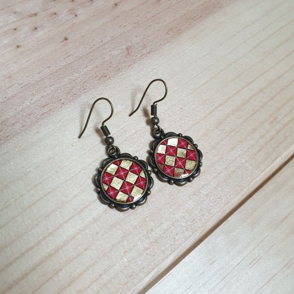 Boucles d'oreille pendantes enluminées or/rouges