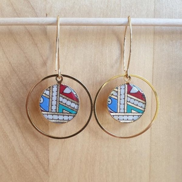 Boucles d'oreille pendantes enluminées doré/rouge/bleu/vert