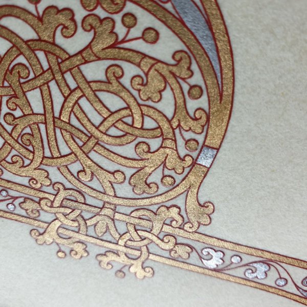 Lettre P enlumin&eacute;e style carolingien