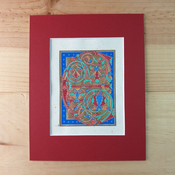 Lettre E enlumin&eacute;e style gothique primitif