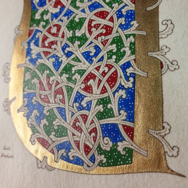 Lettre U enlumin&eacute;e style roman