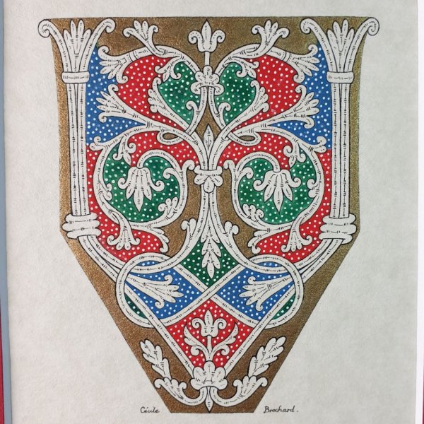 Lettre V enlumin&eacute;e style roman