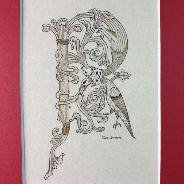 Lettre R enlumin&eacute;e style roman