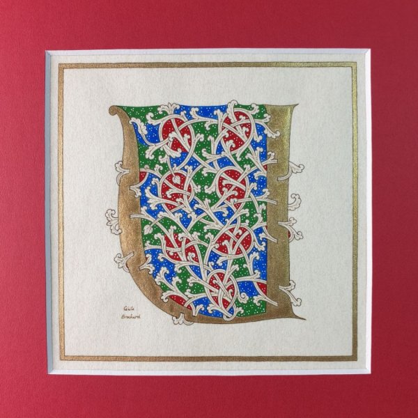 Lettre U enlumin&eacute;e style roman