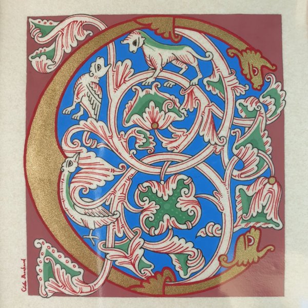 Lettre C enlumin&eacute;e style roman