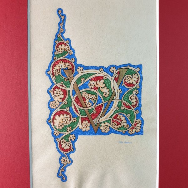 Lettre V enlumin&eacute;e  "vigne blanche"