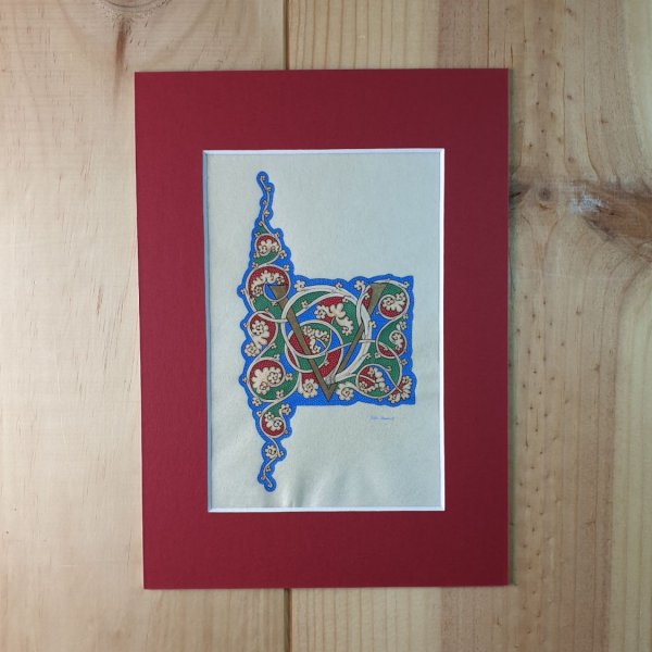 Lettre V enlumin&eacute;e  "vigne blanche"