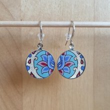 Boucles d'oreille enluminées fleur et arabesque vert/argenté/bleu/rosé