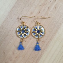 Boucles d'oreille pendantes enluminées fleur or/bleue ou or/rouge