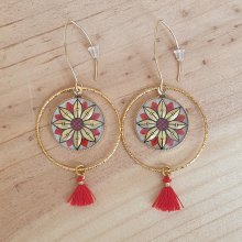 Boucles d'oreille pendantes fleur or/rouge