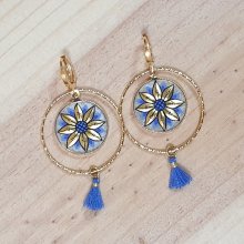 Boucles d'oreille pendantes enluminure fleur or/bleue
